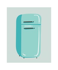 Hand drawn vector abstract modern cartoon cooking time kitchen interior illustrations icon with retro vintage blue closed refrigerator isolated on white background.Food cooking concept design