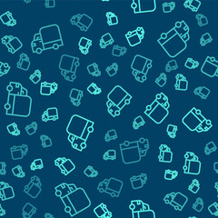 Green line Delivery cargo truck vehicle icon isolated seamless pattern on blue background. Vector.