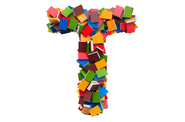 Letter T from colored books. 3D rendering