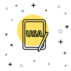 Black line USA United states of america on graphic tablet icon isolated on white background. Random dynamic shapes. Vector.