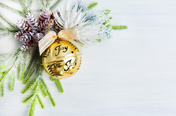 Christmas balls jingle bell ribbon with snowy abstract background