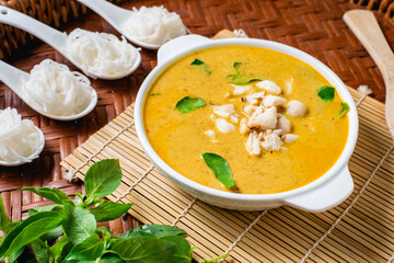 Rice noodles and crab curry. Traditional food of thailand.