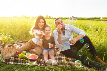 Lovely family blowing soap bubbles on a picnic in meadow