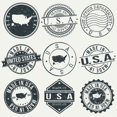 United States of America Set of Stamps. Travel Stamp. Made In Product. Design Seals Old Style Insignia.