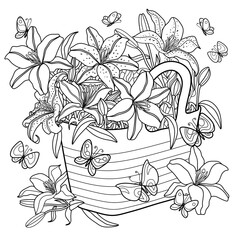 Fototapeta premium Flower coloring page for adults and children. Lilies in a basket. Butterflies fly