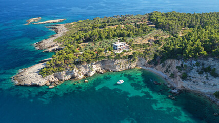 Aerial drone photo of Patitiri, main port and beach of Alonissos island, Sporades, Greece