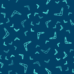 Green line Boomerang icon isolated seamless pattern on blue background. Vector.