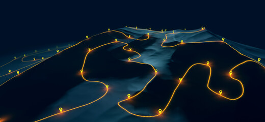 Overview of a winding hiking trail through the mountains with waypoints - 3d illustration