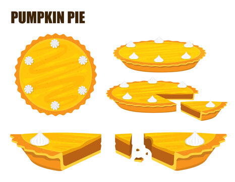 Illustration Vector Flat Cartoon Isolated Pumpkin Or Yellow Or Orange Pie On White Background Top View And Side View For Server On Table At Bakery Shop