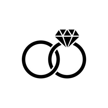 Wedding ring icon in flat style. Marriage concept, linked together two rings with diamond. Isolated vector