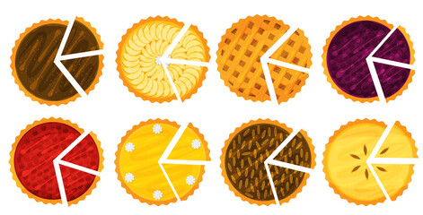Illustration vector flat cartoon isolated on white background of whole of pie set. Piece of Apple,pecan,pumpkin,blueberry,cherry pie for plate on table on eating dessert concept © unturtle
