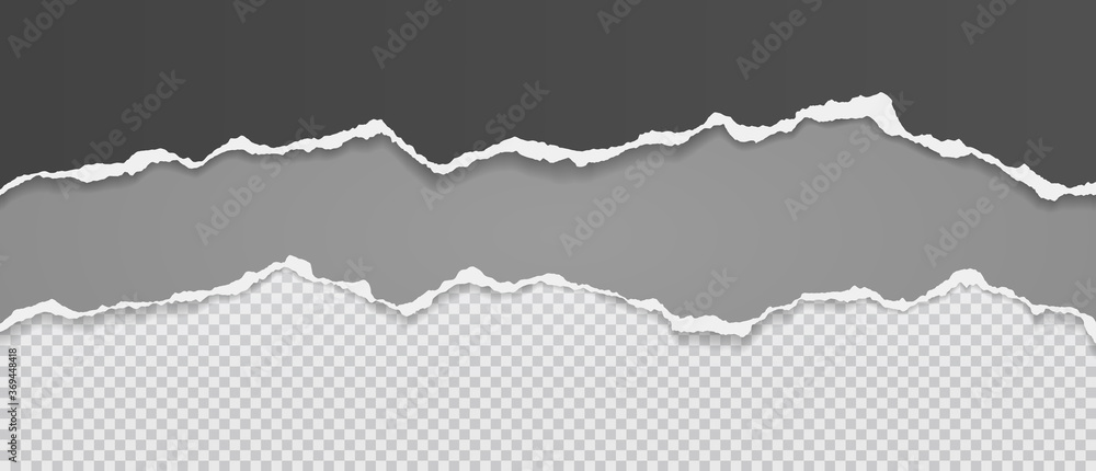 Poster pieces of torn, ripped black and grey paper with soft shadow are on squared background for text. vec