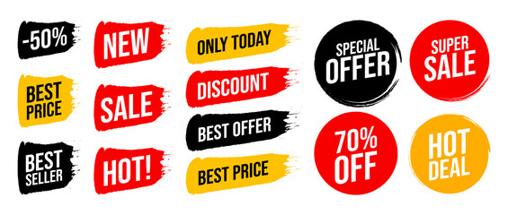 Set discount label with advertising text on brush stripe and circle. Vector illustration.