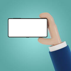 Phone in hand with blank screen. 3D illustration in cartoon style.