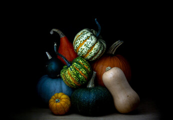 A variety of colourful autumnal squash, gourds and pumpkins on black background. Seasonal autumn...