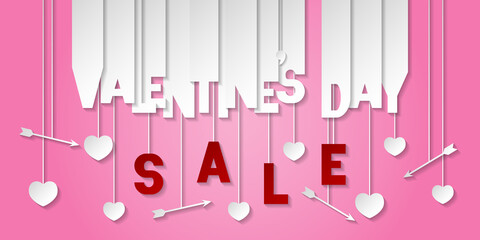 Valentines day sale banner with cut out letters, hearts and arrows. Shop market poster, header website, discount banner. Vector illustration on pink background.