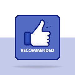 Recommended icon. Line label recommended with thumb up. Sign brand with recommended. Best tag for great brend. Banner thumb up on isolated background. Vector illustration