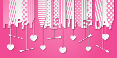 Happy Valentine's Day Lettering on pink background. Banner with valentines symbols: hearts and arrows. Greeting card, web banner, invitation.