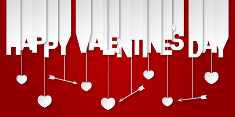 Happy Valentine's Day Lettering on red background. Banner with valentines symbols: hearts and arrows. Greeting card.