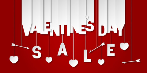 Valentines day sale banner with letters cut out of white paper. Banner with valentines symbols: hearts and arrows. Shop market poster, header website, discount banner. 
