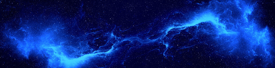 Nebula and stars in night sky web banner. Space background. - 369449806