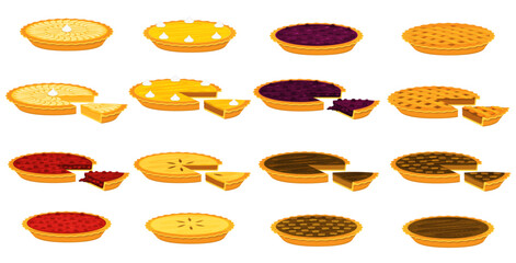 Illustration vector flat cartoon isolated on white background of piece of pie set. Piece of Apple,pecan,pumpkin,blueberry,cherry pie for plate on table on eating dessert concept