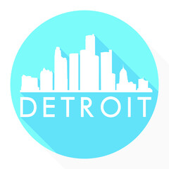 Detroit Skyline Button Icon Round Flat Vector Art Design Color Background.
