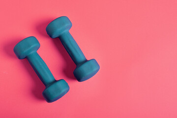 Dumbbells Isolated on pink background. Top view. Copy space