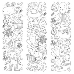 Vector icons of sea ocean adventure for little children. Nautical pattern for kids. Whale, pirates, pirate map, treasure chest, diving and fishes.