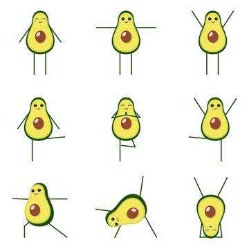 Avocado yoga. Cute avocado in different yoga poses. Vector illustration isolated on white background.