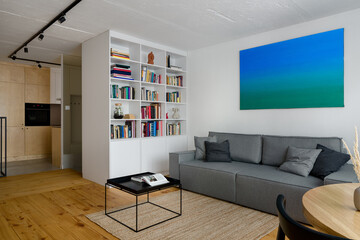 Living room with white bookcase