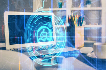 Obraz premium Double exposure of desktop with computer on background and tech theme drawing. Concept of big data.