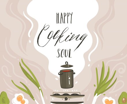 Hand Drawn Vector Abstract Cartoon Cooking Class Illustrations Poster With Preparing Food Scene,soup Pan,vegetables And Happy Soul Cooking Handwritten Modern Calligraphy Isolated On White Background