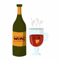 Glass with mulled wine. Hot drink with spices and fruits, autumn and winter drinks, traditional food postcard or poster recipe flat vector cartoon doodle collection