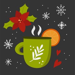 Mug with mulled wine. Hot drink with spices and fruits, autumn and winter drinks, traditional food postcard or poster recipe flat vector cartoon doodle illustration on dark and snowflake
