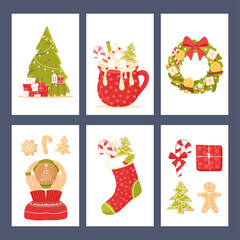 Set of cards with Christmas clipart and holiday attributes. Set of greeting or invitation cards for New Year celebration