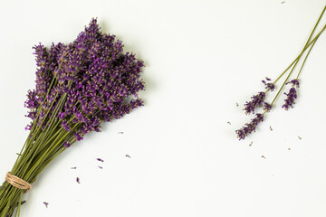 Stack of violet lavender on a white pale background