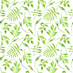 Watercolor green leaves seamless pattern. Hand drawn herbs, twigs and flower buds isolated on white yellow background. Elegant texture for wallpaper, cards, decoration, wrapping paper, textile, print.
