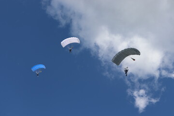 paratrooper parachutist soliders landing at parade ceremony