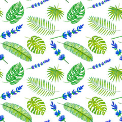 Seamless watercolor pattern of tropical leaves and flowers. JPG illustration.