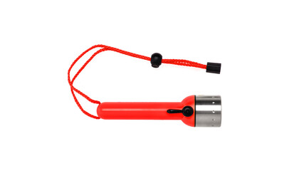 Flashlight for diving isolate on a white back. Waterproof bright colored flashlight.