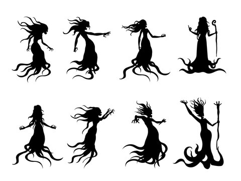 Silhouette of flying evil women spirit like a witch holding a magic wand in vector style collection. Illustration about whisper ghost and fantasy.