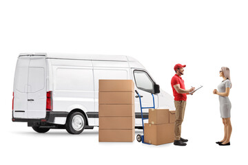 Delivery man with a van delivering boxes to a young woman