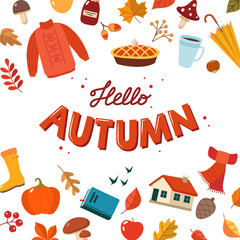 Autumn set with lettering. Cute elements collection, vector illustration in flat style