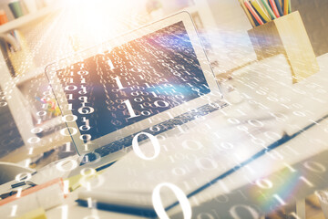 Double exposure of desktop with personal computer on background and tech theme drawing. Concept of data analysis.