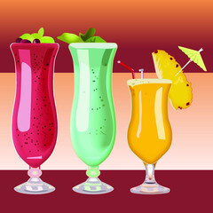 Three refreshing summer beach cocktails. Cocktail with cherry. Mint cocktail. Pineapple cocktail