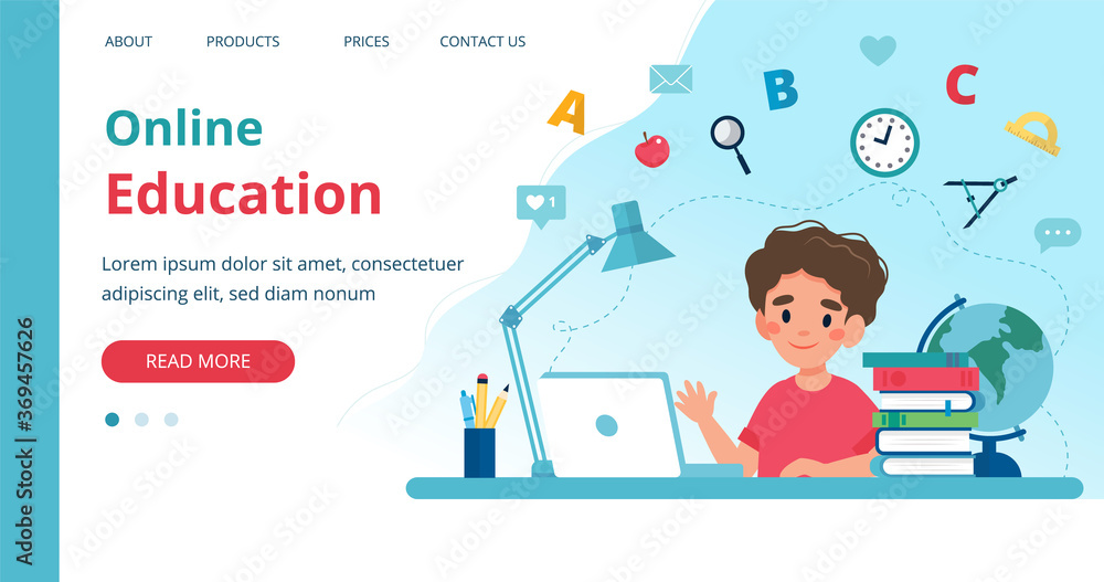 Poster online learning template with boy studying with computer. vector illustration in flat style