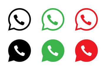 Phone icon. Chat bubble icon. Vector isolated elements. Black, green, red button in the smart phone. Stock vector.