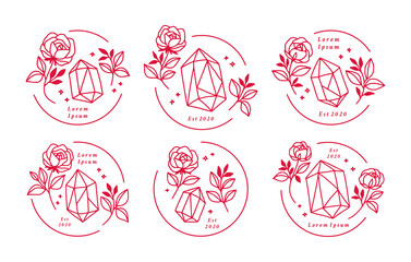 Hand drawn vintage crystal and gold rose flower logo element collection