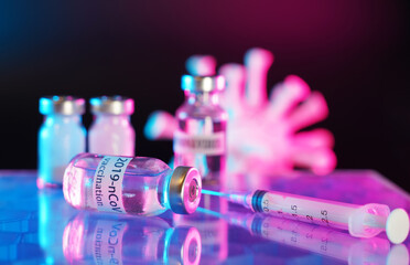 vaccine bottle with a label that Corona virus Vaccine injection,Healthcare And Medical concept.